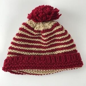 Home Knit Type Red White Stripe Winter Pom Pom Youth Hat